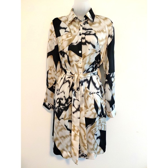 Classique Dresses & Skirts - NWT Satin Tie Waist Shirt Dress MEDIUM Lightweight Olive Black Career Chic Sheer